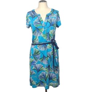 Lilly Pulitzer Tropical Blue Green Split V Neck Short Sleeve Belted Dress S
